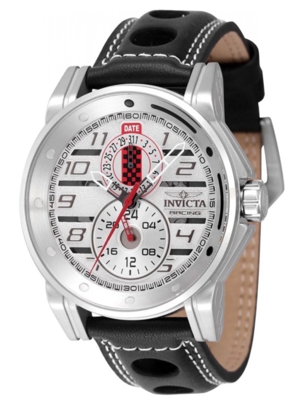 INVICTA Racing Watch | Silver Dial Black Leather Strap With Red Accents: NEW